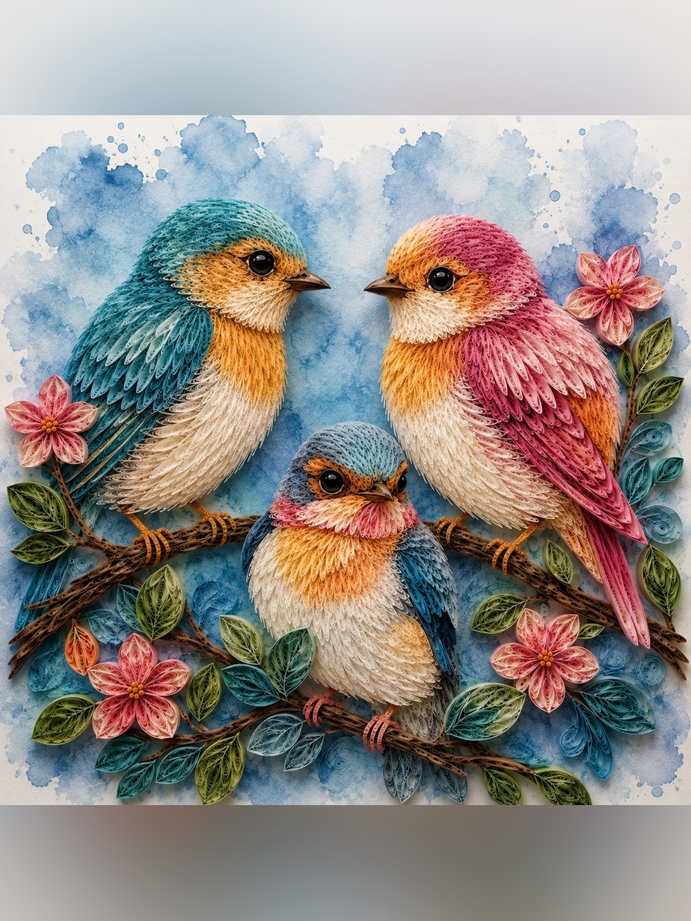 8x8 Black Framed Quilling Bird Family Wall Art Print